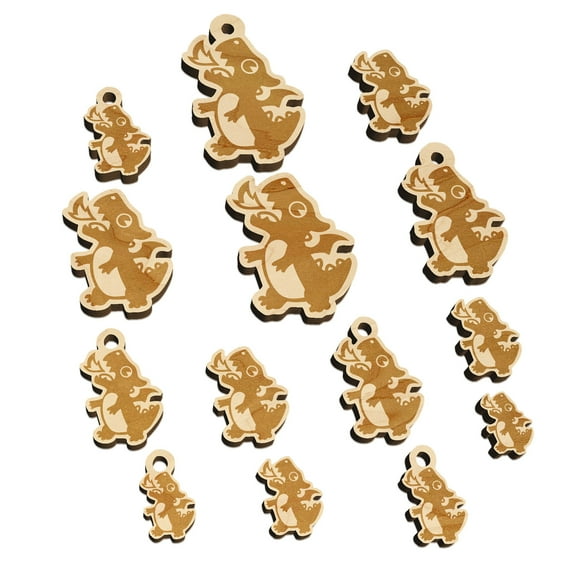 Cute Little Dragon Breathing Fire Wood Mini Charms Shapes DIY Craft Jewelry - With Hole - 30mm (6pcs)