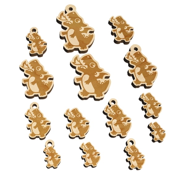 Cute Little Dragon Breathing Fire Wood Mini Charms Shapes DIY Craft Jewelry - With Hole - Various Sizes (16pcs)
