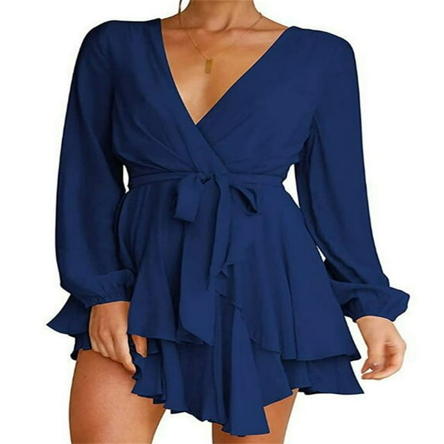 Robe Décontractée à Manches Longues pour Femmes, Robe Ligne A Mode Couleur Unie Bandage Taille Haute à Volants