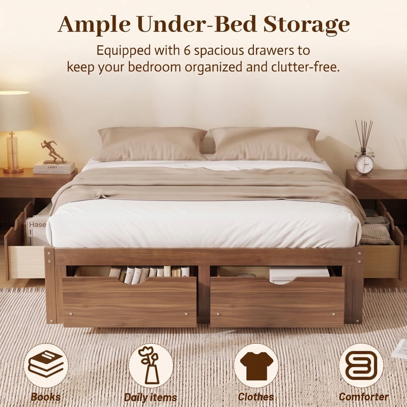 Queen/King Size No Box Spring Required Platform Bed with No Headboard, Wooden Storage Bed Frame with 6 Drawers