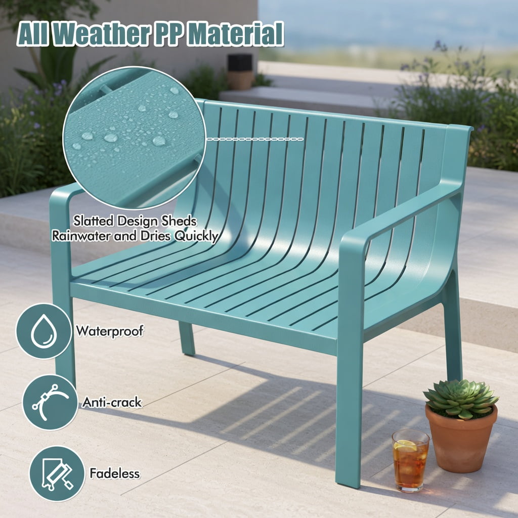 Hommoo Weather-Resistant 2-Person Outdoor Patio Loveseat Bench with Curved Backrest, Heavy-Duty PP Slatted Design for Deck, Poolside & Backyard, Blue