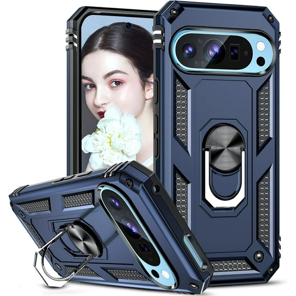 for Google 9/9 Pro Case: Heavy Duty Dual Layer Google Pixel 9 Pro Case, Military-Grade Shockproof Protective Phone Case Cover with Magnetic Ring Kickstand for Pixel 9/9 Pro 5G 6.3 inch, Blue