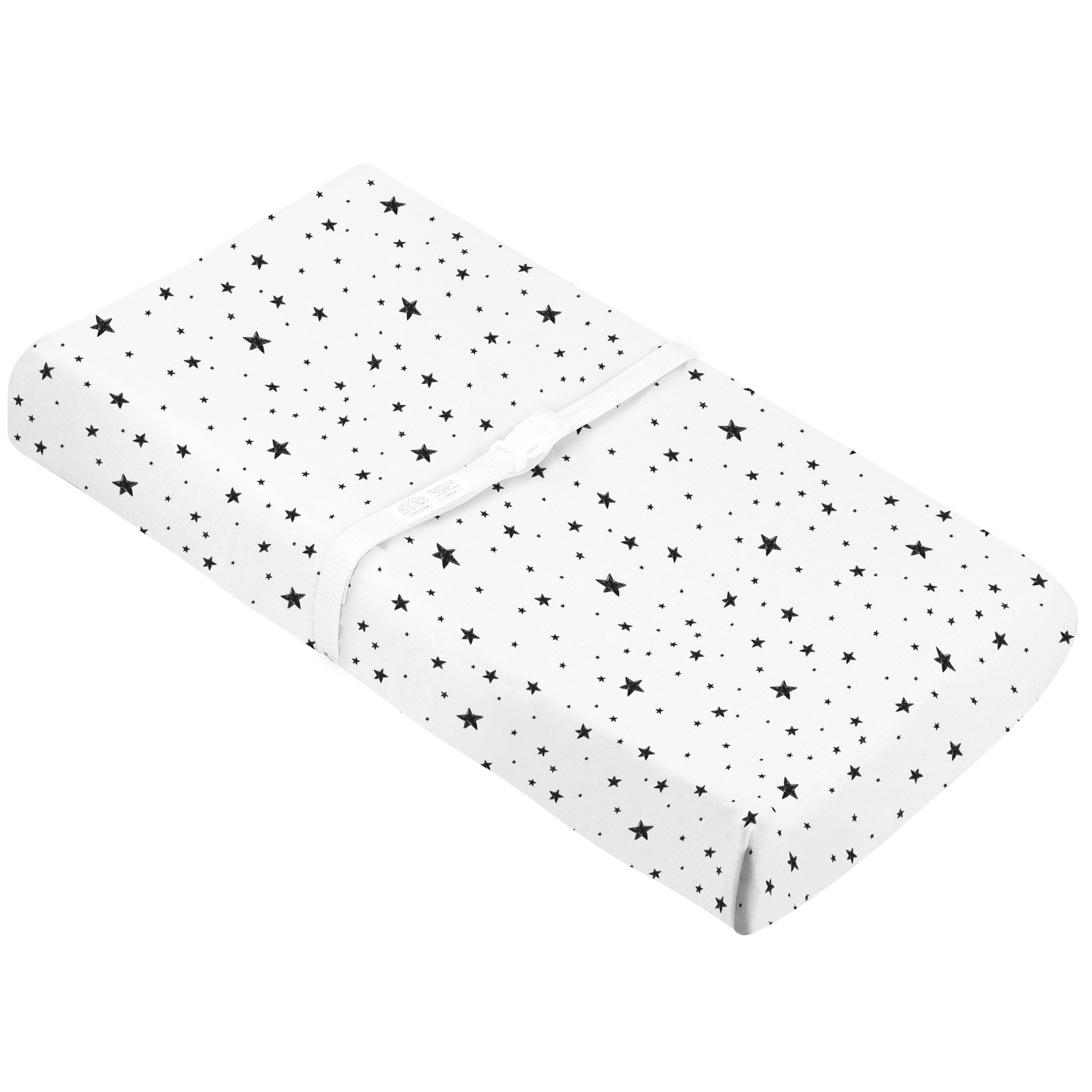 Kushies Change Pad Cover with Slits for Safety Strap Flannel Black Scribble Stars