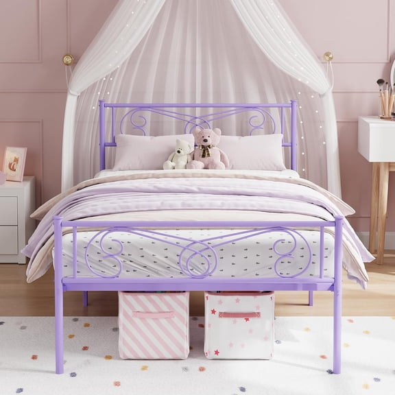 Twin Metal Platform Bed Frame with Headboard and Footboard, No Box Spring Needed, Purple