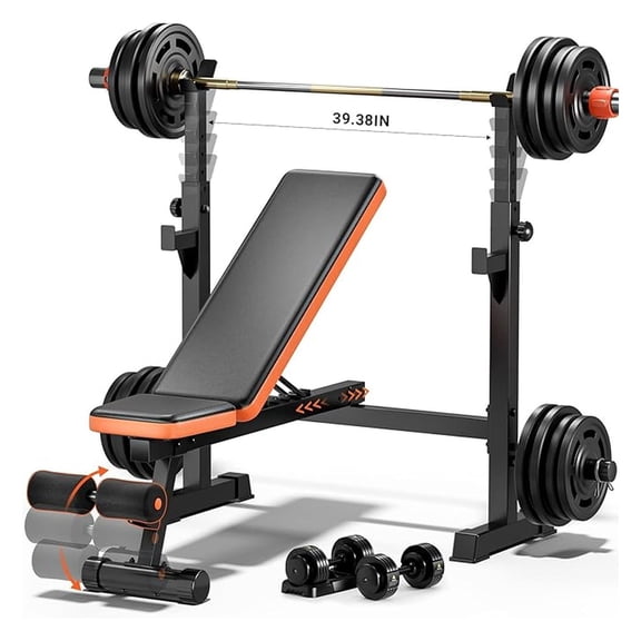 770lbs Weight Set with Squat Rack, 5 in 1 Workout Press With Removable Foot Catch, Adjustable Flat Incline Sit Up for Home Gym Full Body Strength Training