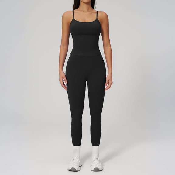 PISONIC Workout Sets for Women, 2 Piece Seamless Spaghetti Straps Crop Top Matching High Waist Leggings Gym Yoga Outfits
