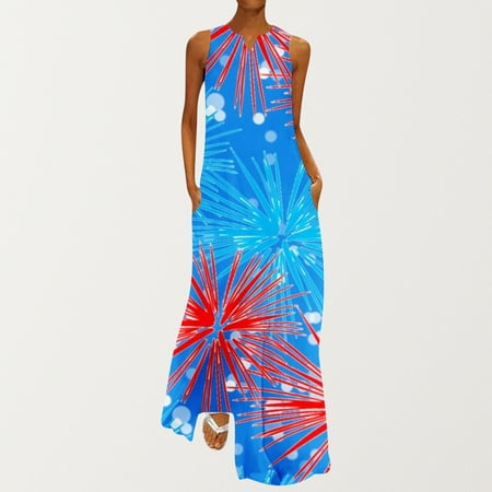 

Hvyesh Summer Dresses Women 2023 Casual Patriotic Long Dress Red White and Blue Graphic V Neck Sundresses Sleeveless Trendy Dresses Black