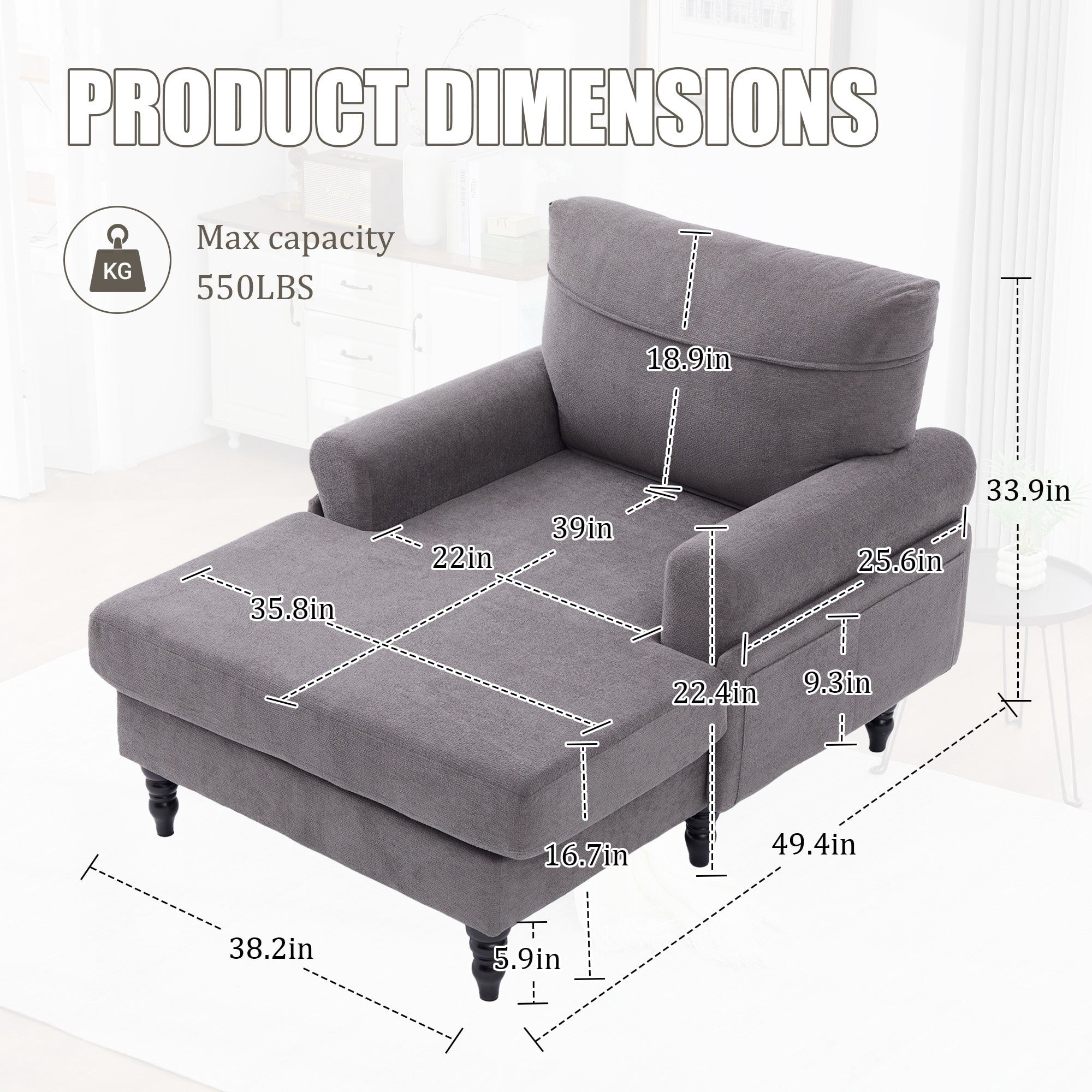 Sailvan Modern Chenille Chaise Lounge Indoor Recliner Chair Single Sofa with Storage Pocket & Solid Wood Legs Dark Gray