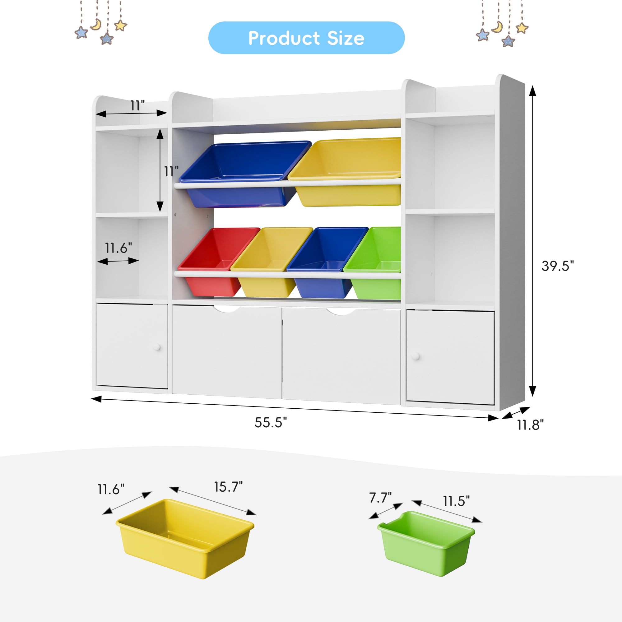 Reasea 6-Bin Toy Storage Organizer for Kids – 4-Tier Bookshelf with 6 Removable Cubbies & 2 Movable Drawers, Kids Toy Shelf for Playroom, Bedroom, Multicolor