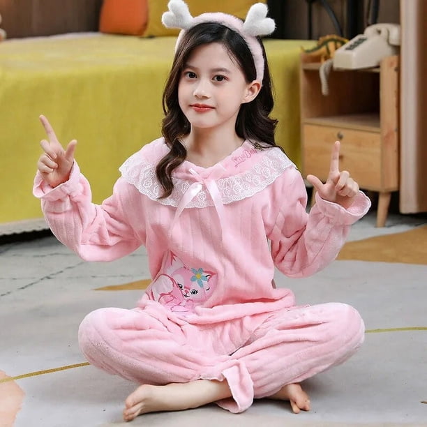 Conjuntos de Pijamas de franela para niñas, ropa de dormir de dibujos animados, 2 piezas de manga larga, para invierno