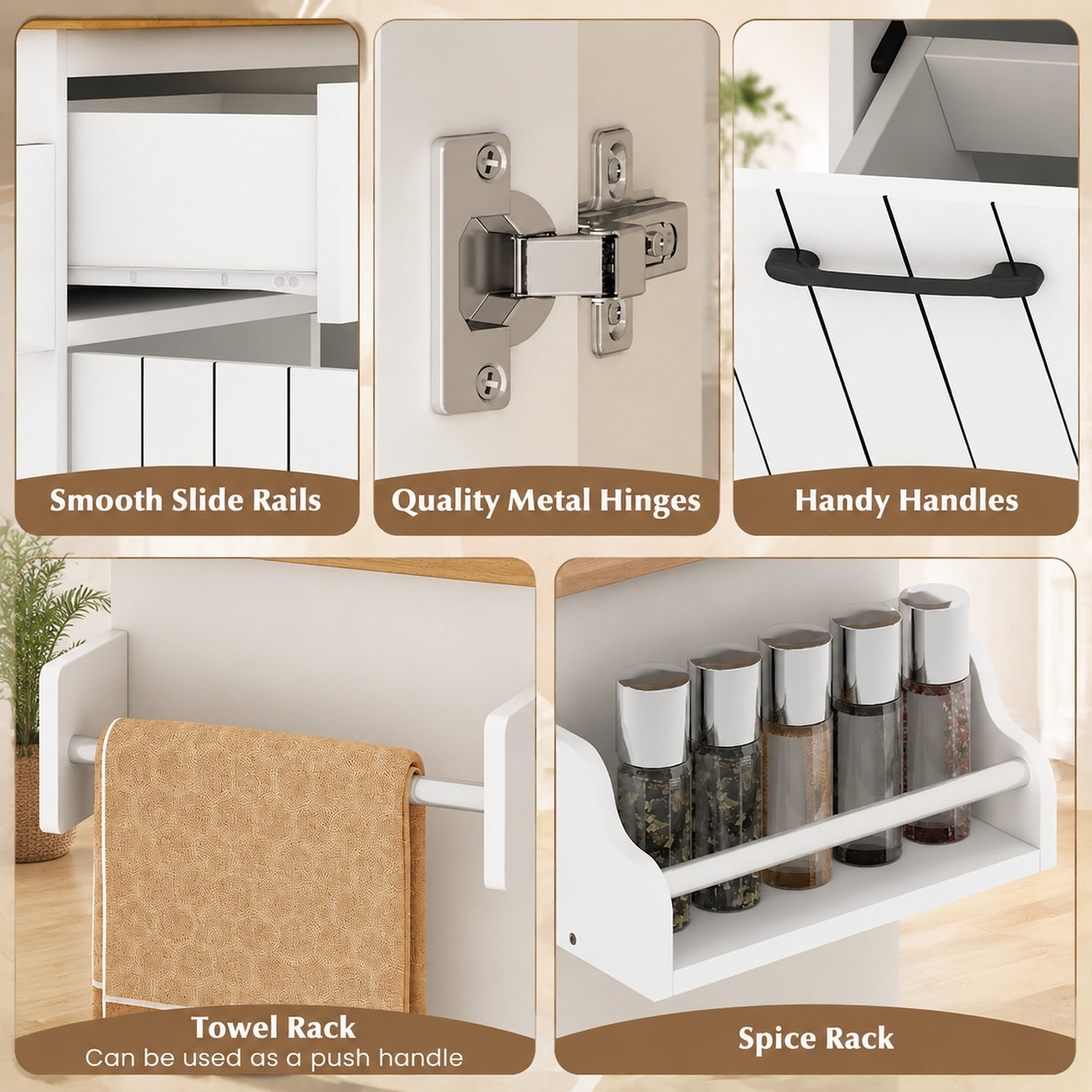 Furnibear Mobile Kitchen Island Table with Trash Bag Storage Adjustable Cabinets Spice Rack and Drawers for Dining Rooms, White
