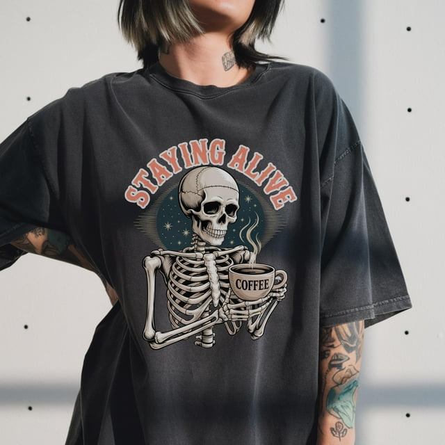 T-Shirt Squelette Café, T-Shirt Graphique Squelette Drôle, Halloween Coffee Sh - Blanc - 2TG