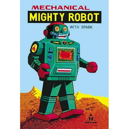 1960s tin toy box artwork made for Noguchi for the Mechanical Mighty Robot with Spark  The robot was tinplate clockwork model is metallic green with tinprinted details sparking action to red plastic c