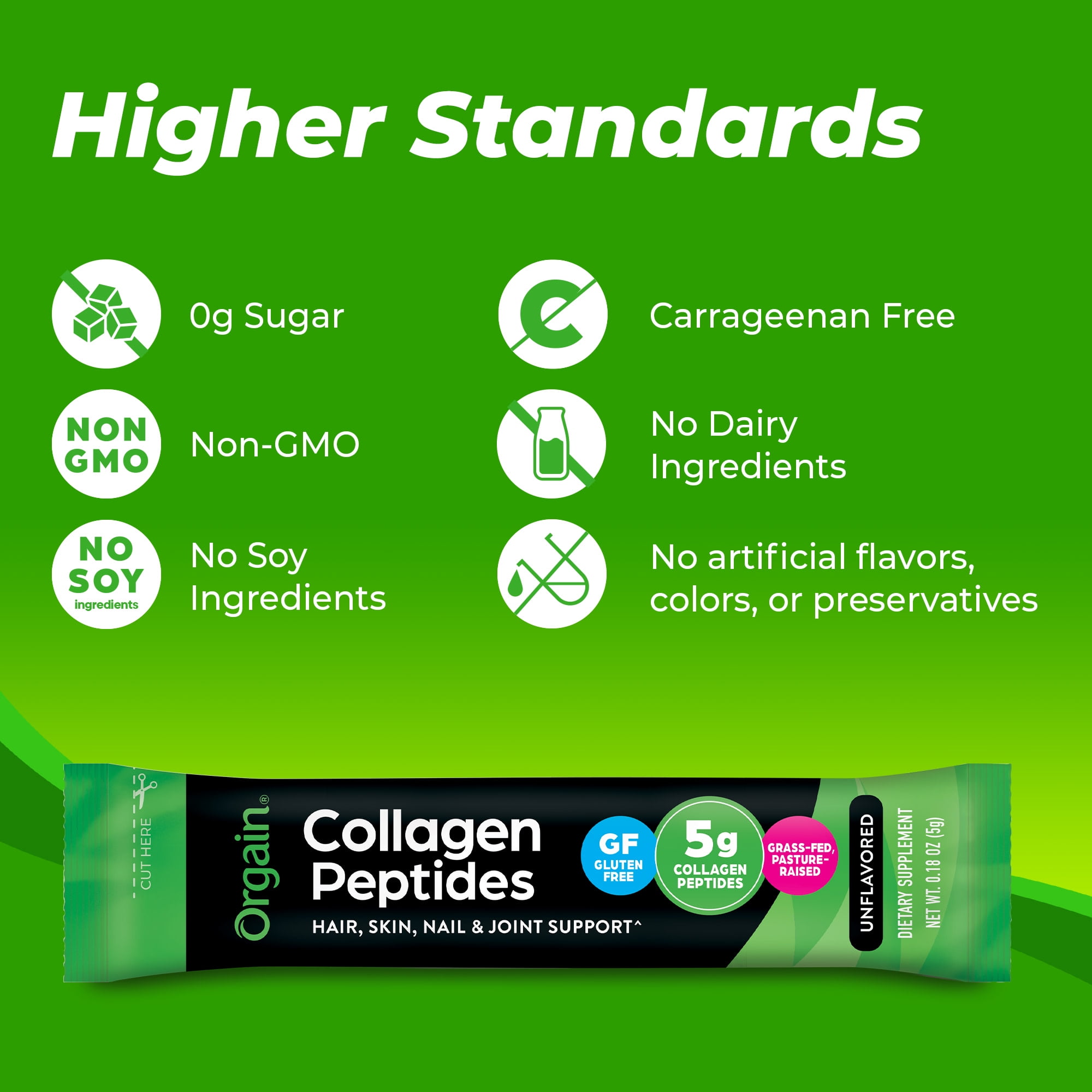 Orgain Grass-Fed 5g Collagen Peptides Powder – Unflavored, Single Serve Sticks, 25ct