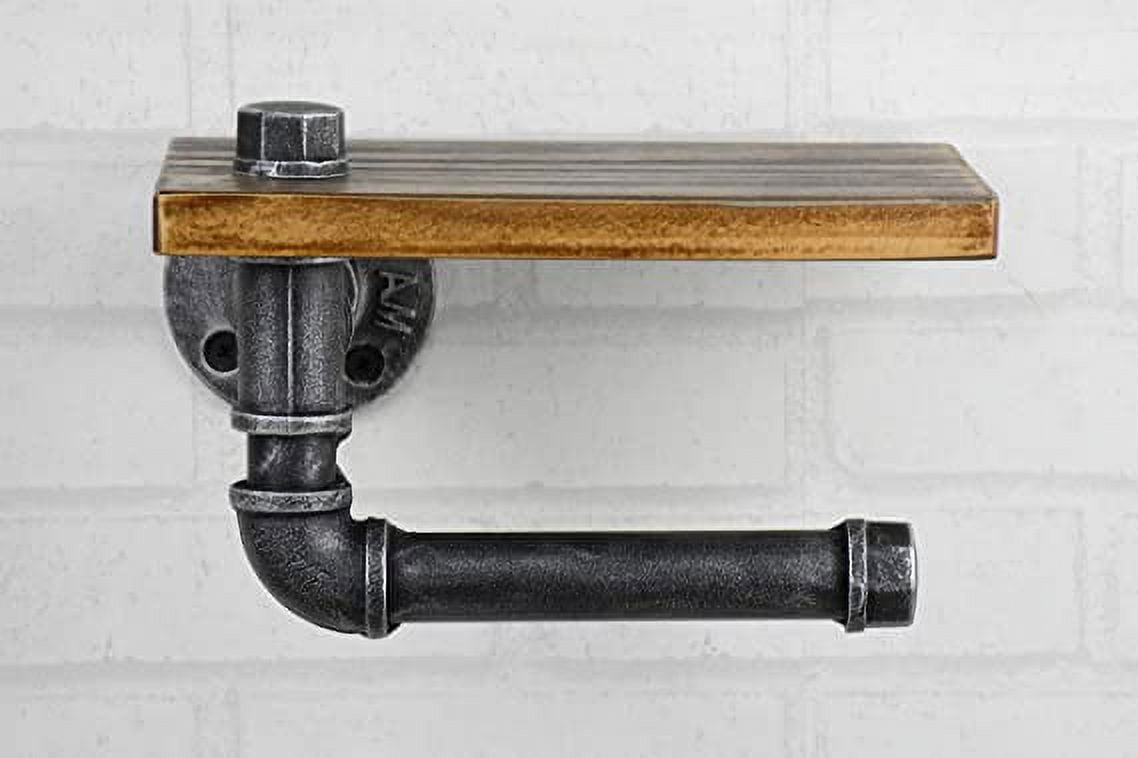 Firefly Hope Rustic Industrial Toilet Paper Holder, Pipe & Wooden Wall Mount with Shelf – Farmhouse Bathroom Tissue Holder(Silver)