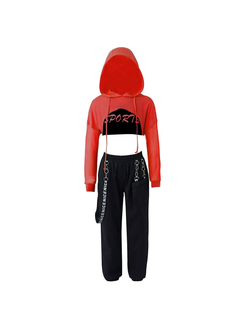 renvena Kid Girl 3Pcs Hip-hop Street Dance Outfits Hoodie Crop Top
