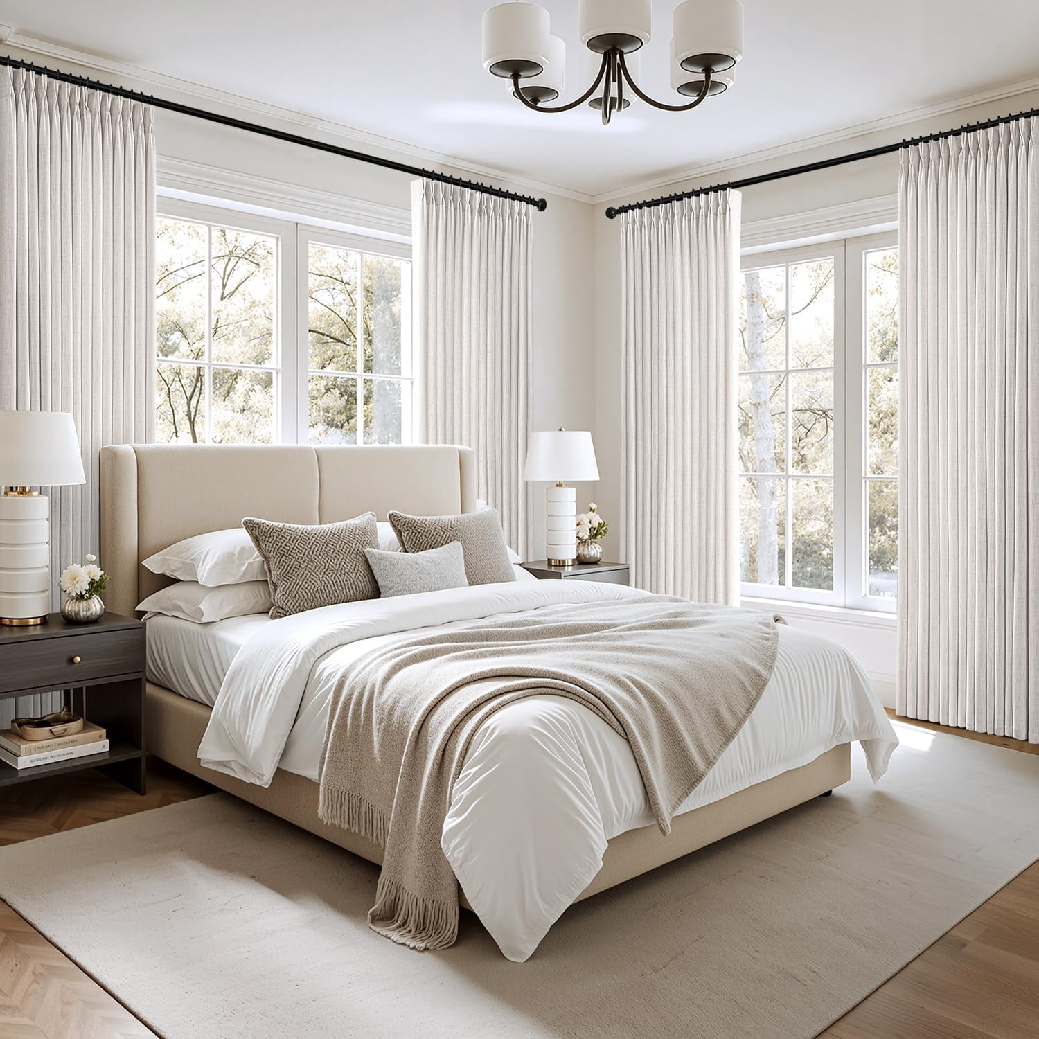 Pinch Pleated Thick Linen Curtains 84 Inch 4 Panels Set Back Tab Memory Trained Pinch Pleat Semi Sheer Light Filtering Curtains Let Light in Window Drapes for Living Room Bedroom Beige White