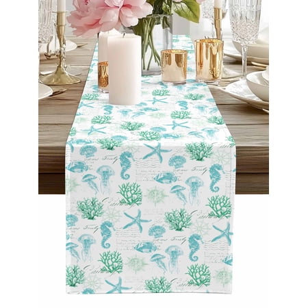 Table Runner Teal Green Jellyfish Table Runners Coral Starfish Seahorse Cotton Linen Dresser Scarf Kitchen Dining Table Decor for Home Dinner Party Decor 13x36 Inch
