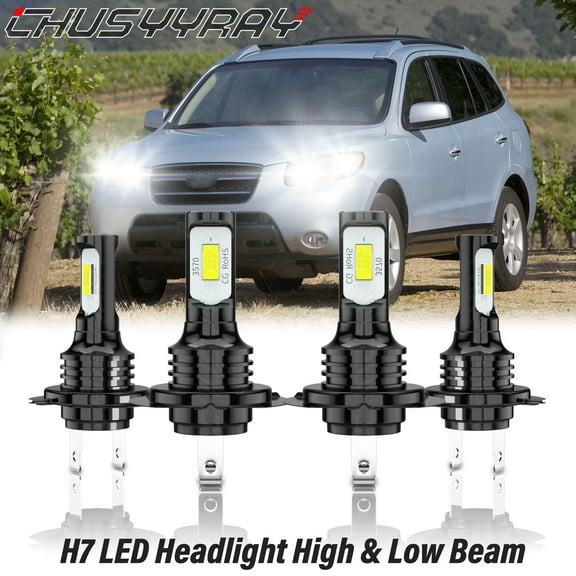 H7 LED Headlight High Low Beam Bulbs Upgrade Kit 6000K White 4x - for Hyundai Santa Fe 2007 2008 2009
