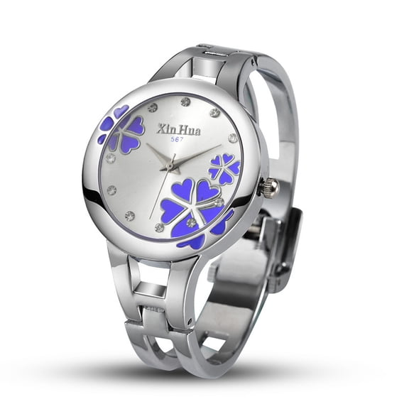 Silver Bangle Watch with Purple Flower Dial Chic Stainless Steel Bangle Wrist Watch for Women