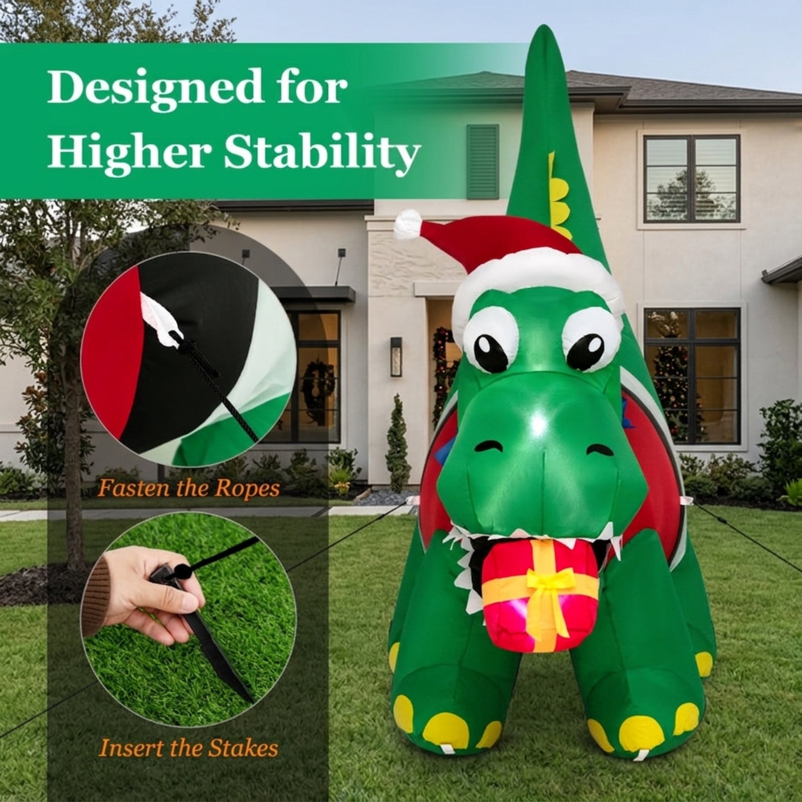RUIE 6 FT Christmas Inflatable Dinosaur, Blow Up Dino with Santa Hat Gift Box and LED Lights, Lighted Outdoor Yard Decor for Lawn Party - Green