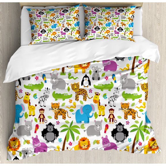 Cartoon Duvet Cover Set, Various Types of Animals Drawn Manner Lions Koalas Tigers Crocodiles Monkeys, Decorative 3 Piece Bedding Set with 2 Pillow Shams, Calking Size, Multicolor, by Ambesonne