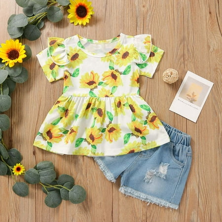 

CHGBMOK Clearance Summer Girl s Sun Flower Short-Sleeved Top Lace Patch Jeans Two-Piece Suit