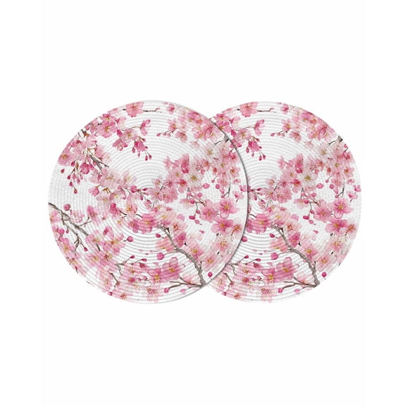 Spring Peach Flowers Round 13 Inch Placemats Set of 2, Pink Botanical Floral Leaves Branch HeatResistant Non Slip Place Mats for Dining Table, Wipeable Braided Kitchen Table Mats for Housewarming