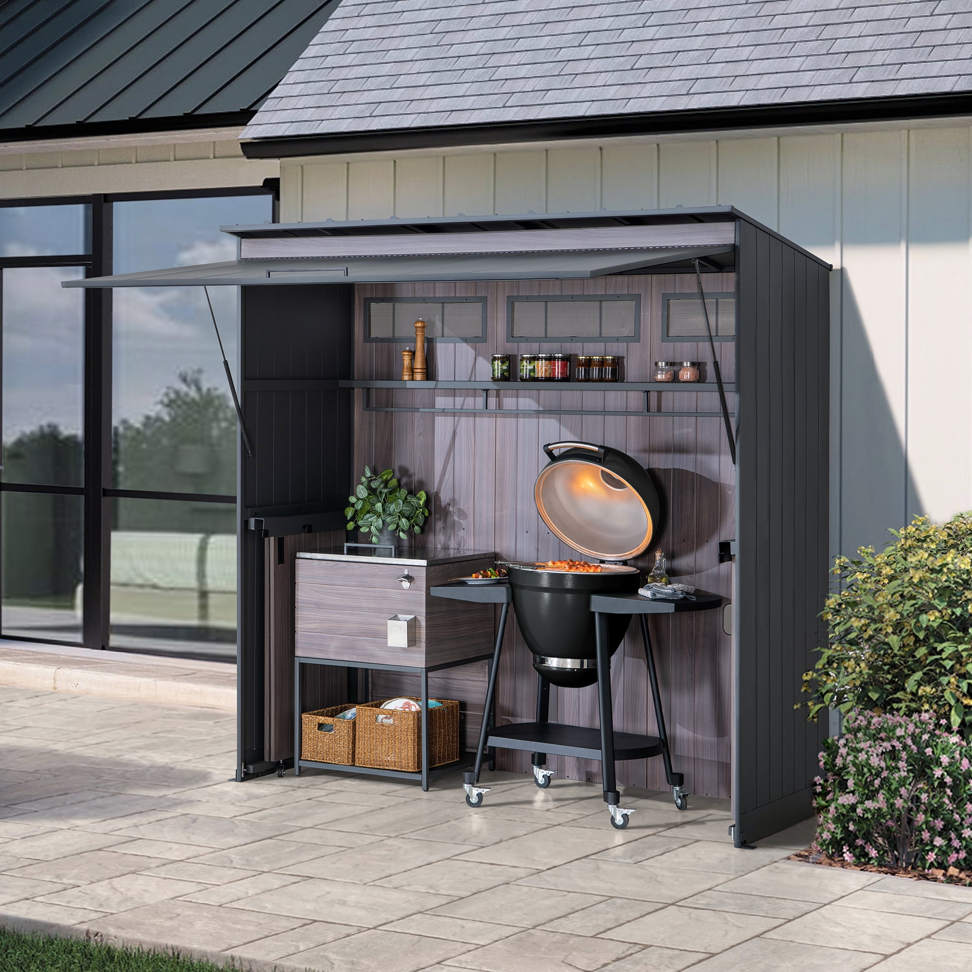 Sunjoy 7 x 3 Ft. Outdoor Kitchen Island Grill Station with Overhead Lift-Up Door and Folding Sliding Doors for Compact Space