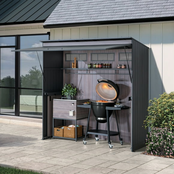 Sunjoy 7 x 3 Ft. Outdoor Kitchen Island Grill Station with Overhead Lift-Up Door and Folding Sliding Doors for Compact Space