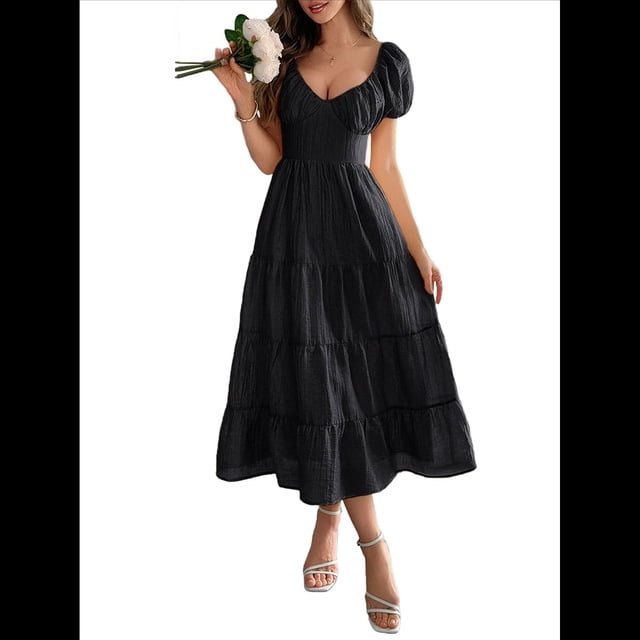 Vestido Midi Informal de Verano para Mujer, con Mangas , Escote en V, Fruncido y Volantes Escalonados. Negro S