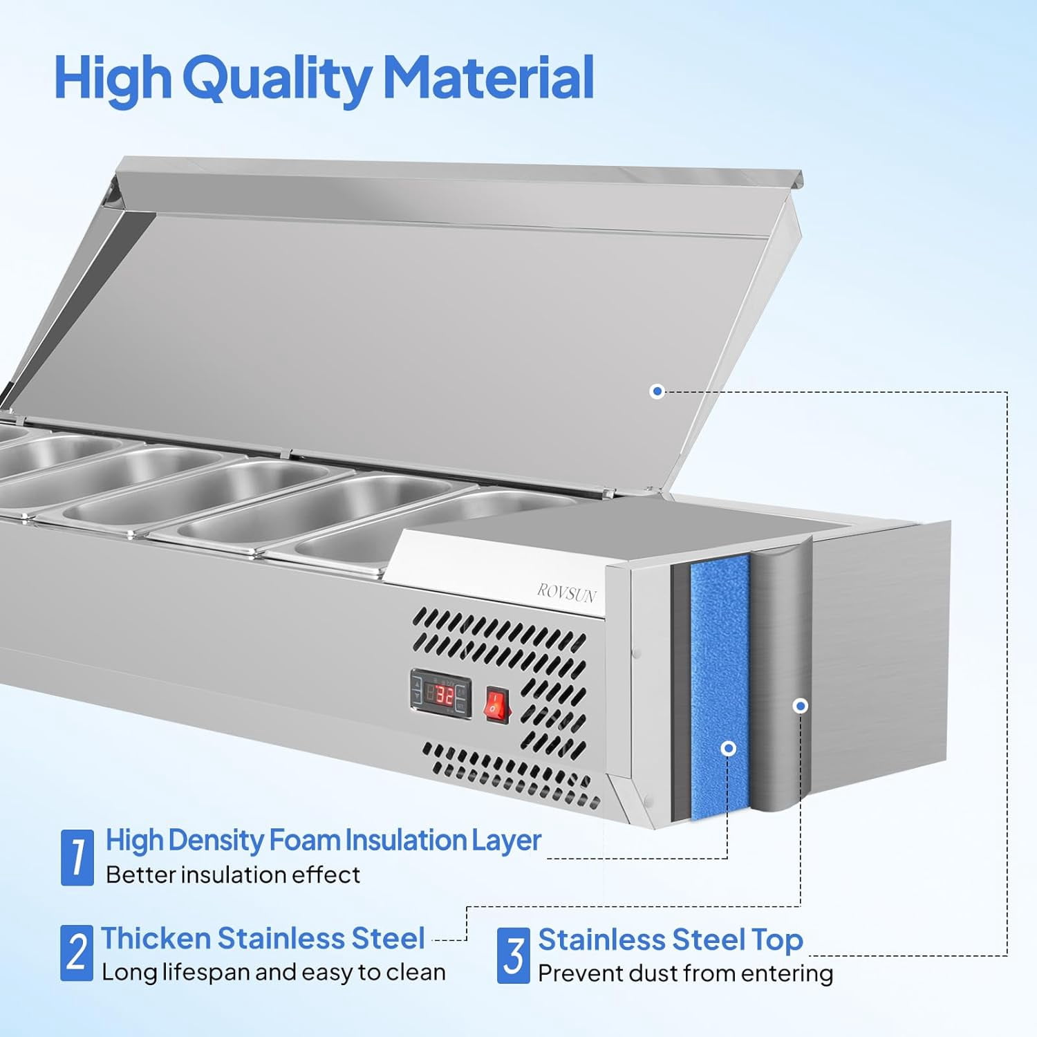 ROVSUN 59" Refrigerated Condiment Prep Station Sandwich Prep Table, 34.2QT Salad Bar Prep Table w/Auto Defrost Temperature Control Stainless Steel Cover 6 * 1/3 Pans for Restaurant Food Truck