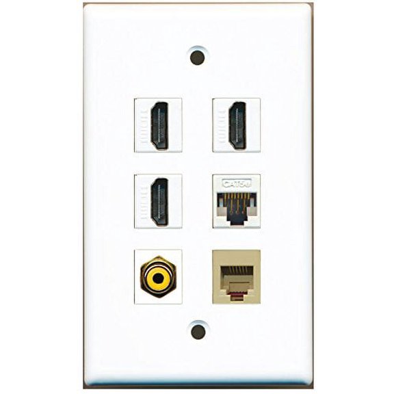 RiteAV - 3 HDMI 1 Port RCA Yellow 1 Port Phone RJ11 RJ12 Beige 1 Port Cat5e Ethernet White Wall Plate