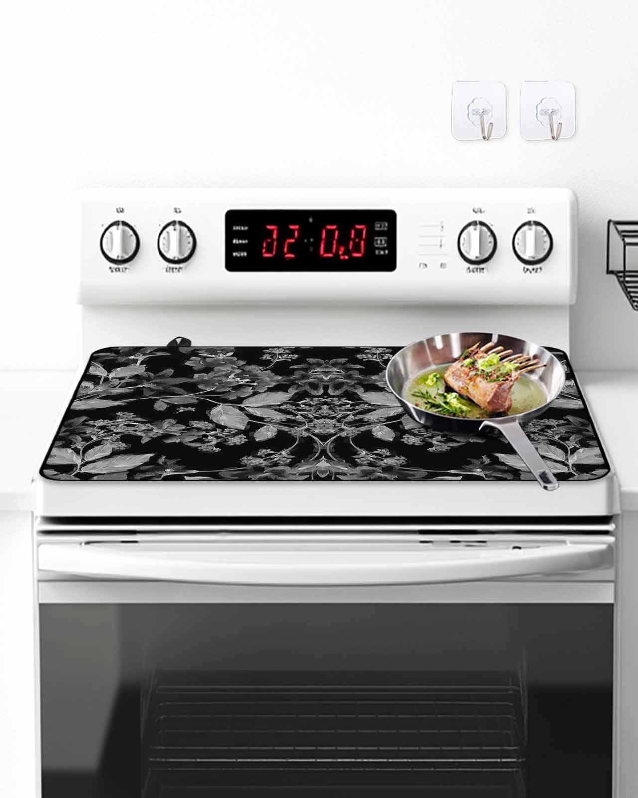 Stove Top Covers for Electric Stove, Black and White Floral Glass Stovetop Cover Protector, Modern Oil Painting Abstract Art Induction Cooktop Protector Oven Mat for Kitchen Countertop 24"x21"