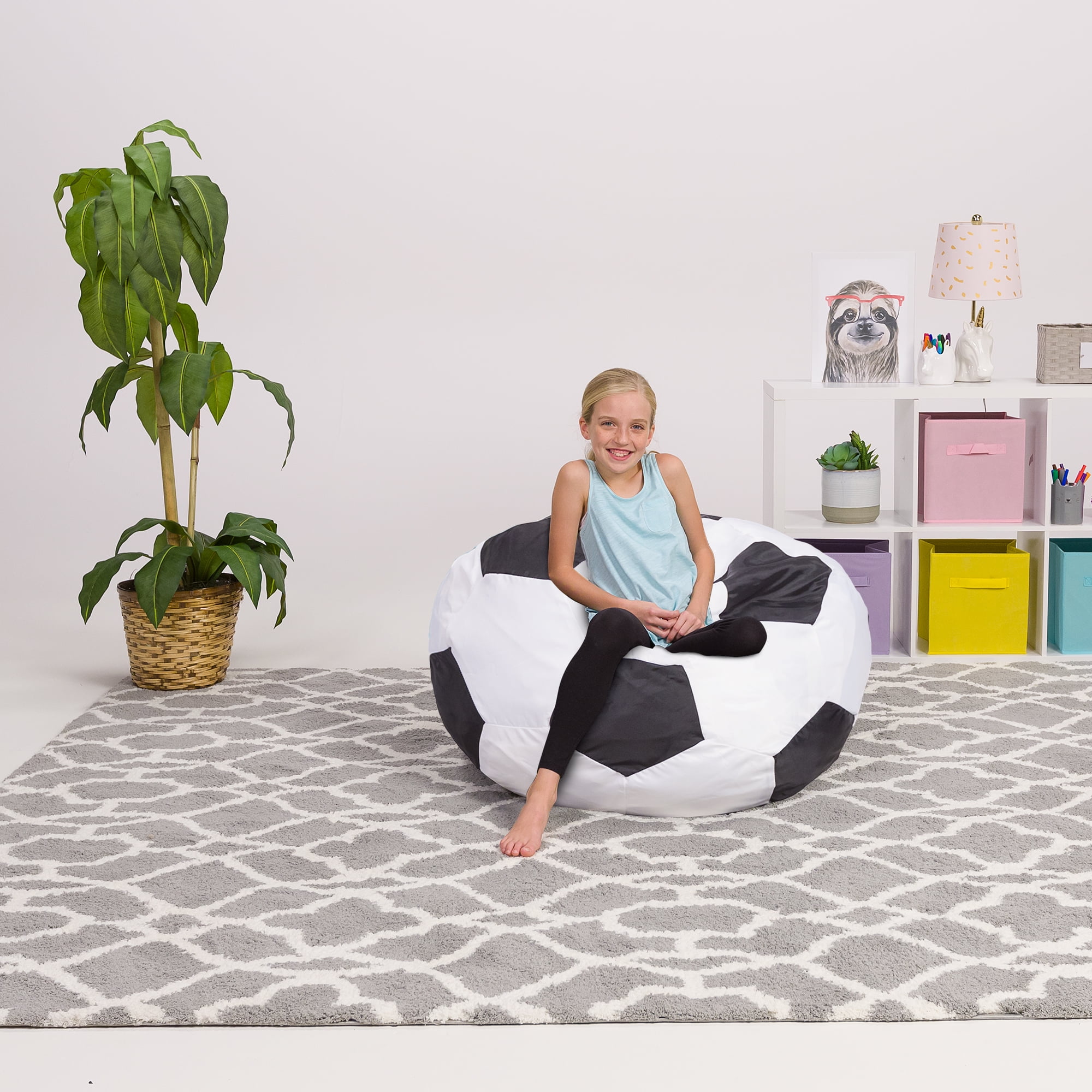 Posh Creations Bean Bag Stuffable Cover Only for Storage, Kids, Canvas, 4ft, Soccer, White & Black