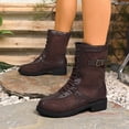 thumbnail image 4 of Womens Motorcycle Boots Fashion Splice Upper Low Heel Riding Booties for Winter Fall Casual Lace up Ladies Mid Calf Boots, 4 of 8