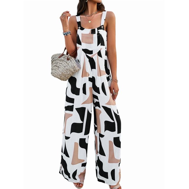 Women'S Summer Boho Casual Jumpsuits Wide Leg Overalls Floral Print Baggy Rompers with Pockets Coffee Color L