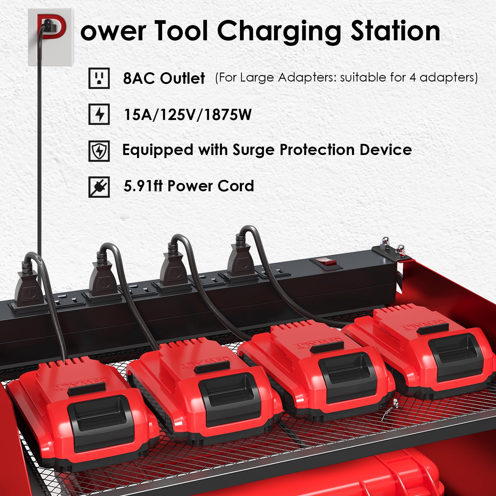 TLGREEN Power Tool Organizer Wall Mount with Charging Station, 4 Drill Holder & 8 Outlet Power Strip, Perfect Gift for Farther, Husband, and Friend
