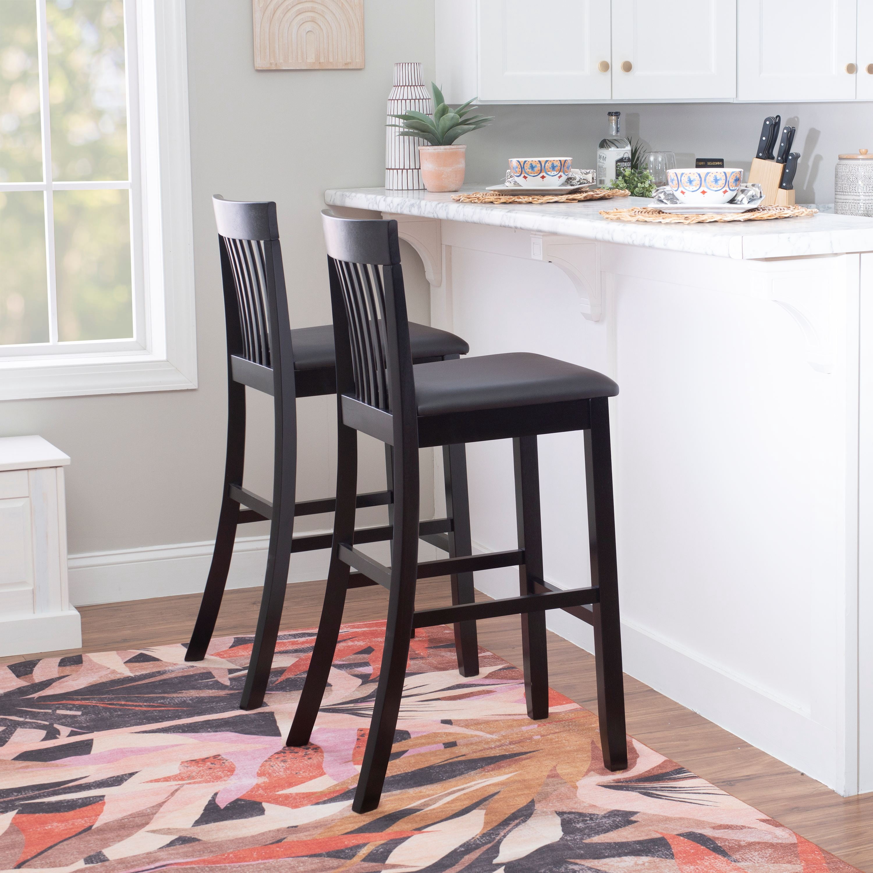 Linon Torino 30" Craftsman Indoor Wood Bar Stool, Black/Black Faux Leather