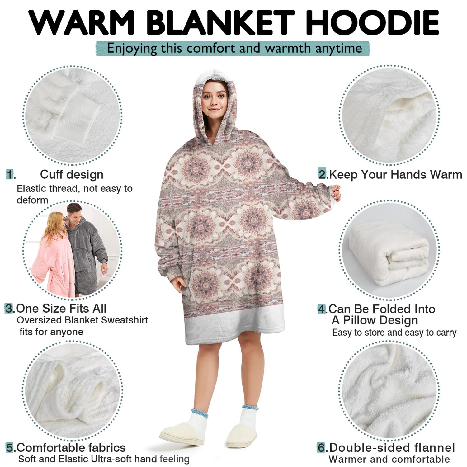 Wearable Oversized Blanket,Pink Ethnic Floral and Paisley Pattern Wearable Blanket Hoodie for Adults,Cozy Hooded Blankets with Super Pockets,Super Warm Fuzzy Pullover for Women & Men