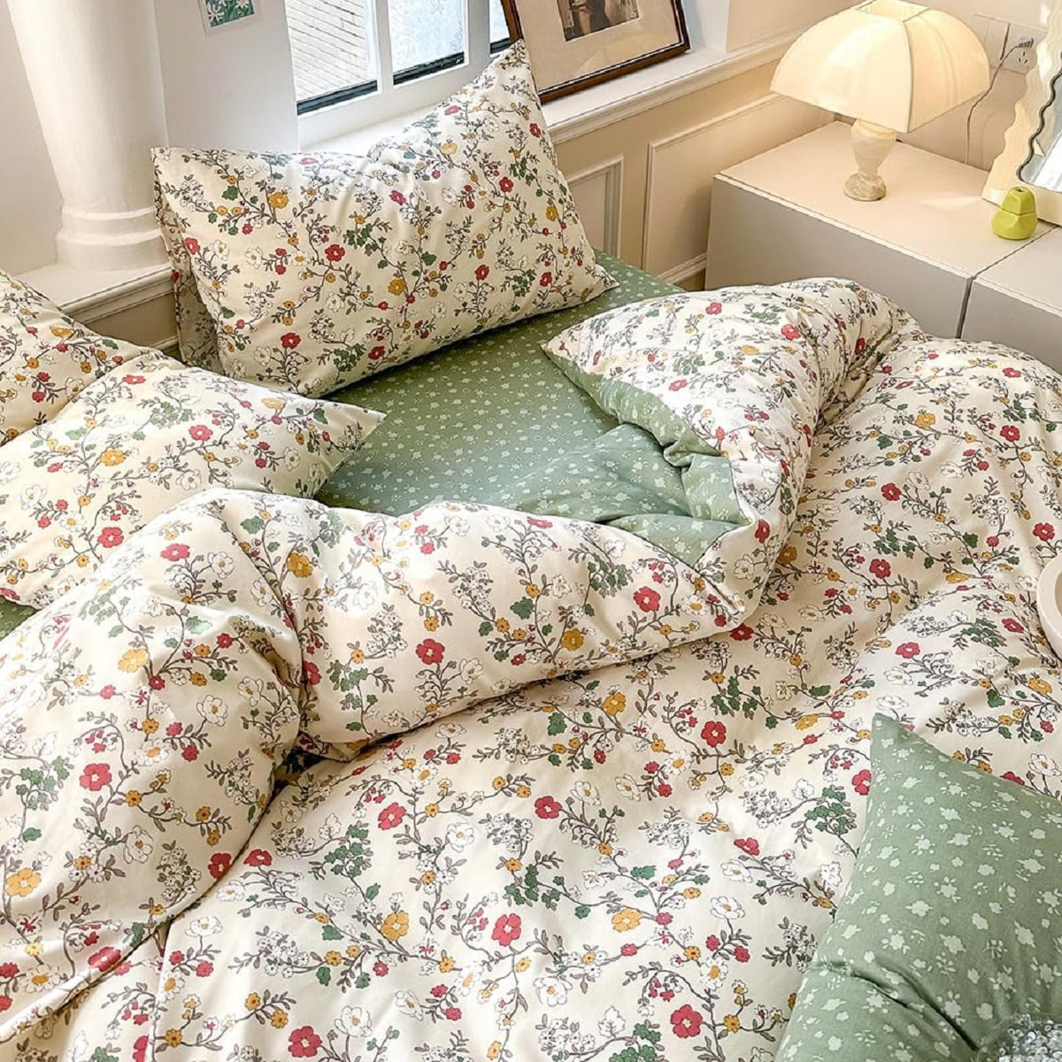 3 Pieces Floral Duvet Cover Full Size 100% Cotton Green Red Flowers Leaves Printed Comforter Cover Soft Breathable Spring Bedding Set with Zipper Closure