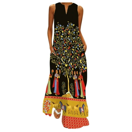 

Inkach Womens Print V-Neck Sleeveless Dresses Long