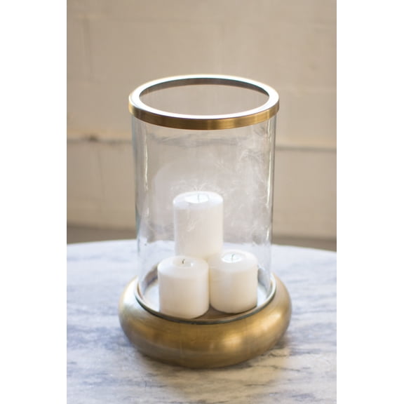 Antique Brass Finish Hurricane Pillar Candle Holder - Mid-Century Modern Decor