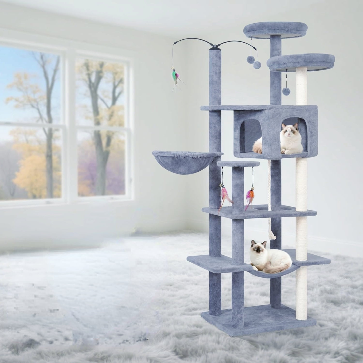 Big Cat Tree with Multi-Level Condo and Hammocks in Grey, 63.4 Inches Tall
