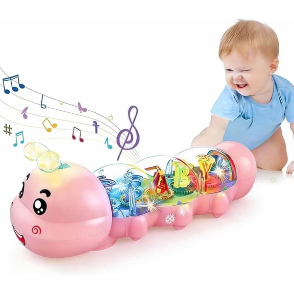 Caterpillar Design Tummy Time Toy, Sensory Musical Crawling Toy with Light Up, Push and Pull Music Animal Toy, Birthday Gifts for Boys and Girls Pink