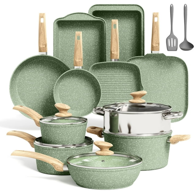 Juego de utensilios de cocina de inducción de 17 piezas, juego de ollas y sartenes de granito verde, juego de sartenes antiadherentes