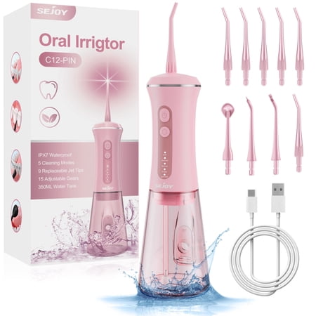 Sejoy Cordless Water Flosser Dental Teeth Cleaner, Professional 350ML Tank DIY Mode Rechargeable Dental Oral Irrigator for Home and Travel, 5 Modes Irrigate, 9 Jet Tips, Pink