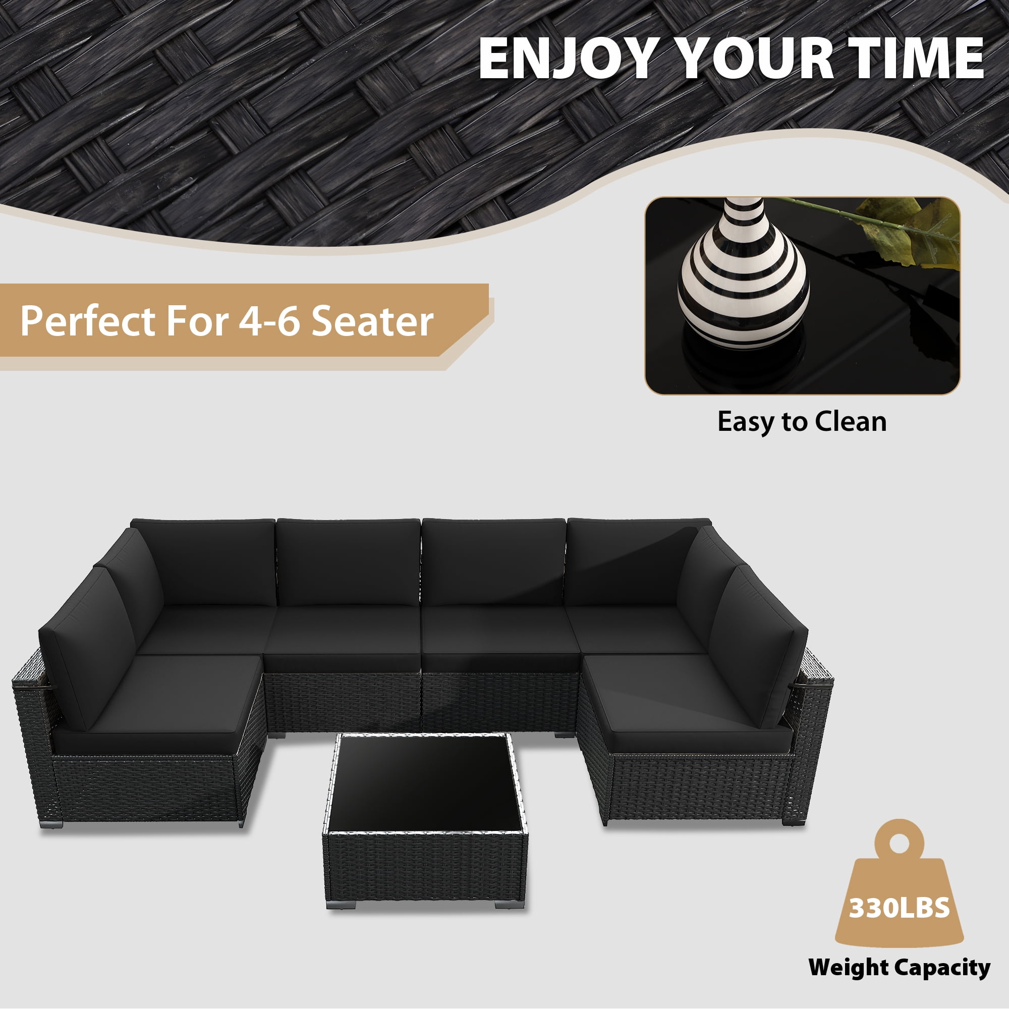 KIGOTY 7 Piece Outdoor Patio Furniture, Wicker Rattan Outdoor Conversation Set Sectional Sofas for Backyard, Garden, Black-Black