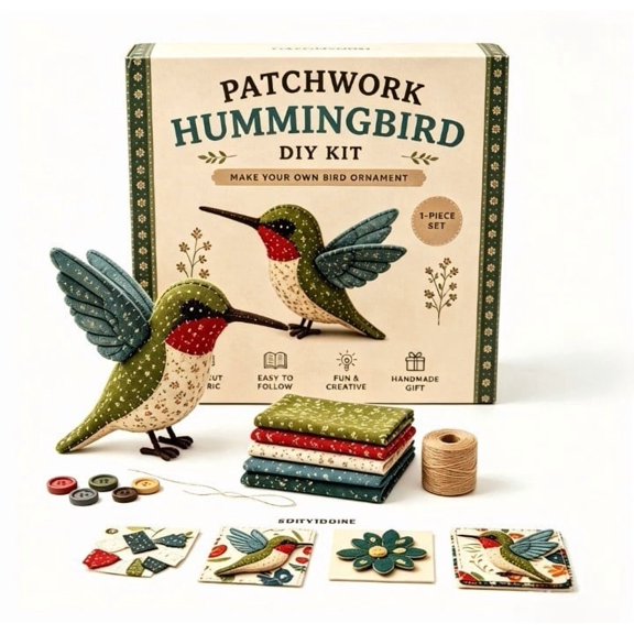 DIY Patchwork Hummingbird Craft Kit, Complete Fabric Sewing Set with Pre-Cut Pieces, Create Hanging Hummingbird Ornament, Beginner-Friendly Patchwork Kit for Holiday Decor and Handmade Gift