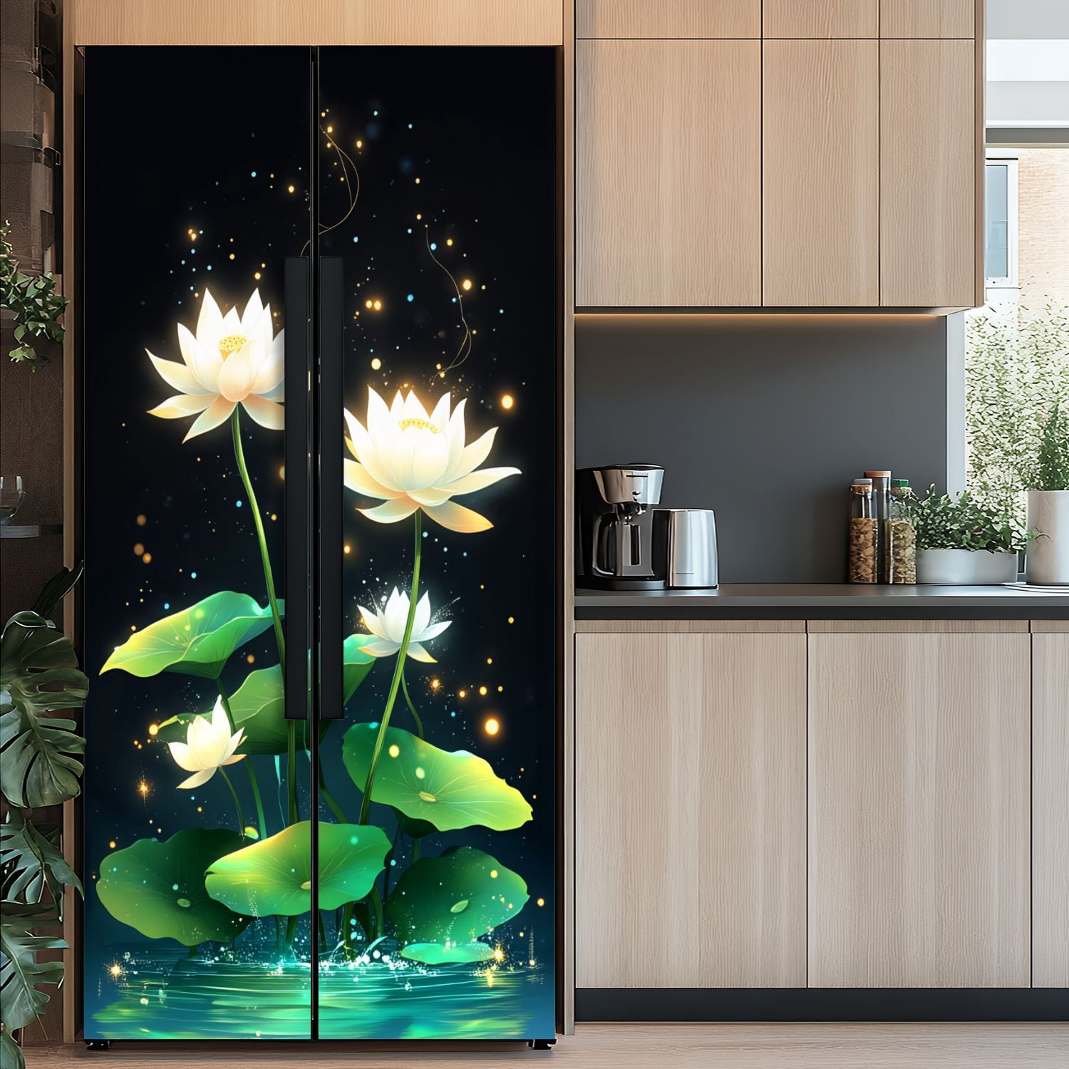 Self Adhesive Vinyl Refrigerator Wrap Set Glowing Lotus Flowers Tranquil Water Sparkling Spiritual Door Mural Removable Fridge Sticker Peel and Stick&nbsp;Full Door Cover Decal Kitchen Bar Decor